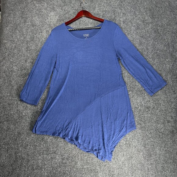 LOGO Lori Goldstein Womens Medium Tunic Top Blue Stretch Asymmetrical Tie Hem - Picture 1 of 8
